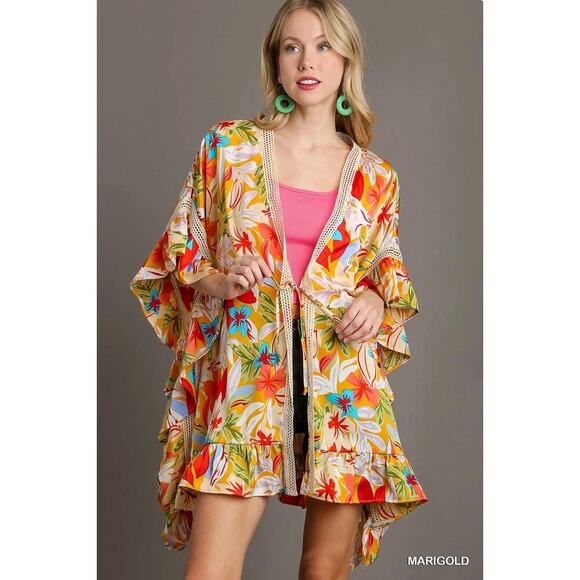 Umgee Satin Floral Print Kimono with Lace Trim, Front Tie, & 3/4 Bell Sleeves - Picture 2 of 4